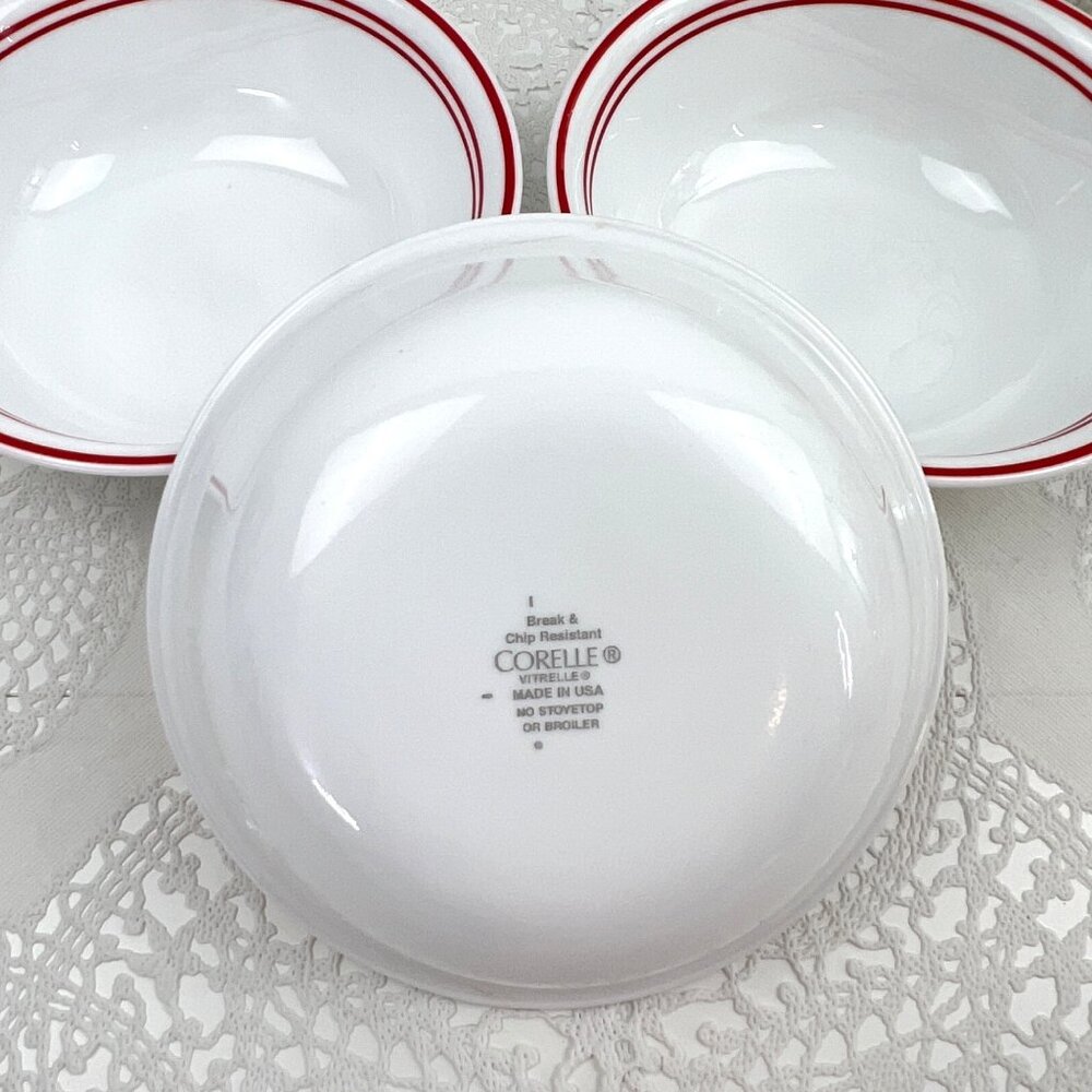 Corelle Vitrelle 3 Coupe Cereal Soup BowlsC lassic Cafe Red White Red Band Edge - Picture 10 of 10